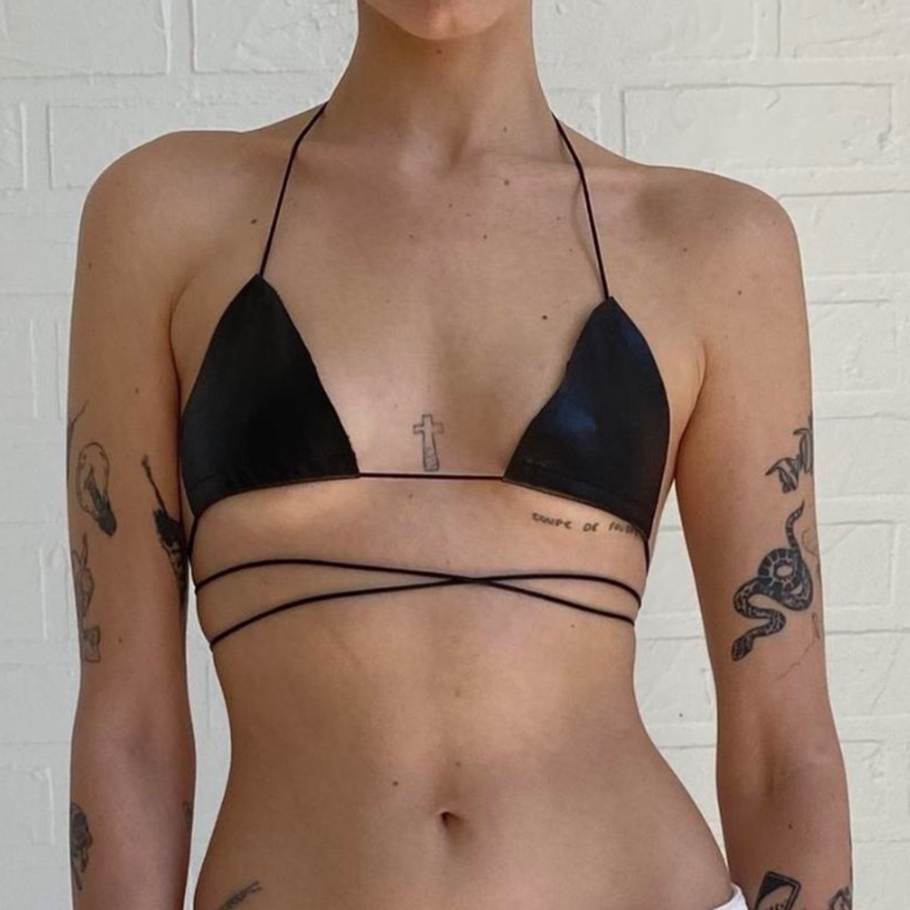 Real genuine leather bikini style top tie back triangle bra, y2k handmade